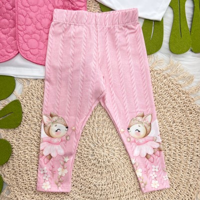 Conj. Colete Puffer Flores, Blusa Raposa Fadinha e Calça Legging - Pink e Off White